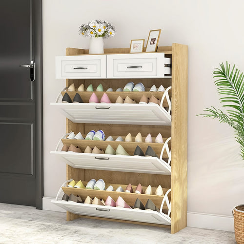 Schuhschrank in Eichenoptik mit 3 Klappen & 2 Schubladen – Platzsparendes Design