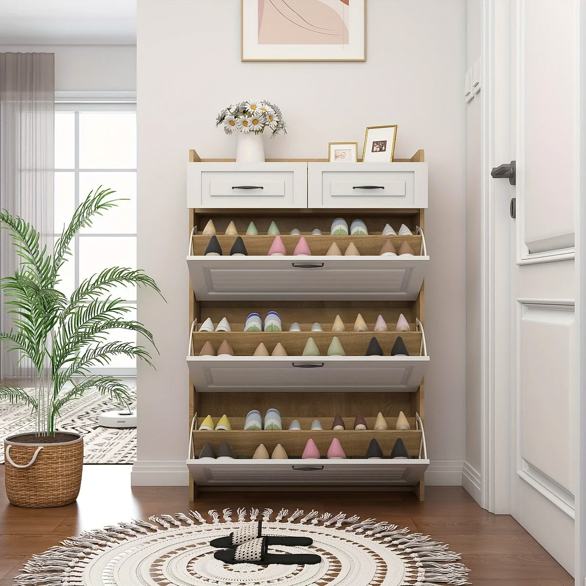 Schuhschrank in Eichenoptik mit 3 Klappen & 2 Schubladen – Platzsparendes Design