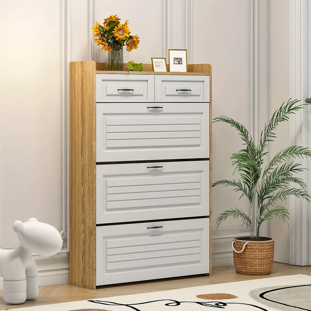 Schuhschrank in Eichenoptik mit 3 Klappen & 2 Schubladen – Platzsparendes Design
