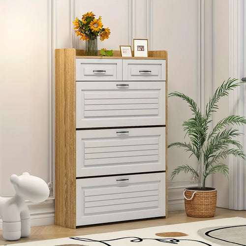 Schuhschrank in Eichenoptik mit 3 Klappen & 2 Schubladen – Platzsparendes Design