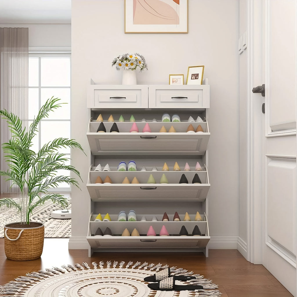 Schuhschrank in Eichenoptik mit 3 Klappen & 2 Schubladen – Platzsparendes Design