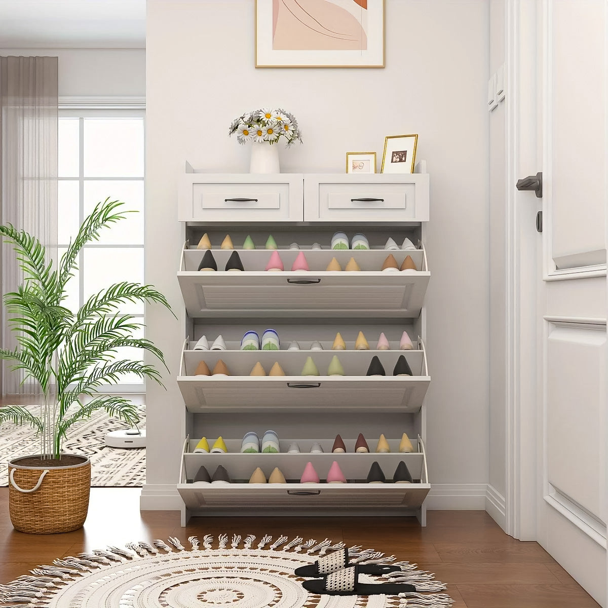 Schuhschrank in Eichenoptik mit 3 Klappen & 2 Schubladen – Platzsparendes Design