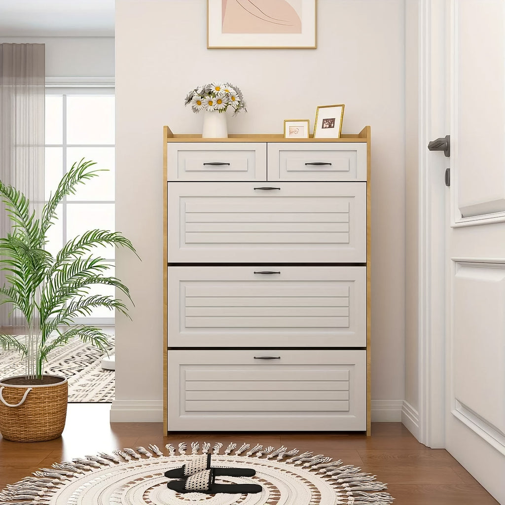 Schuhschrank in Eichenoptik mit 3 Klappen & 2 Schubladen – Platzsparendes Design