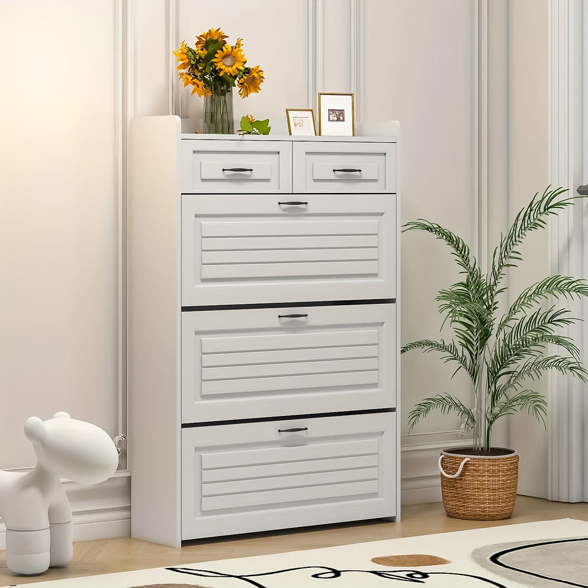 Schuhschrank in Eichenoptik mit 3 Klappen & 2 Schubladen – Platzsparendes Design