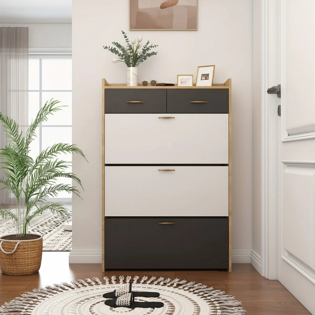 Schuhschrank in Eichenoptik mit 3 Klappen & 2 Schubladen – Platzsparendes Design